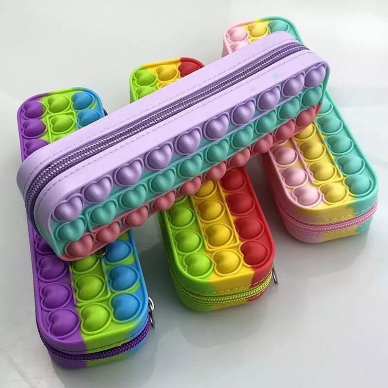 Pencil Case, Heart Pop Fidget Toy Pencil Pouch, Children Stress Relief Squishy Toy, Popit Bubble Toy Stationary Pencil Case