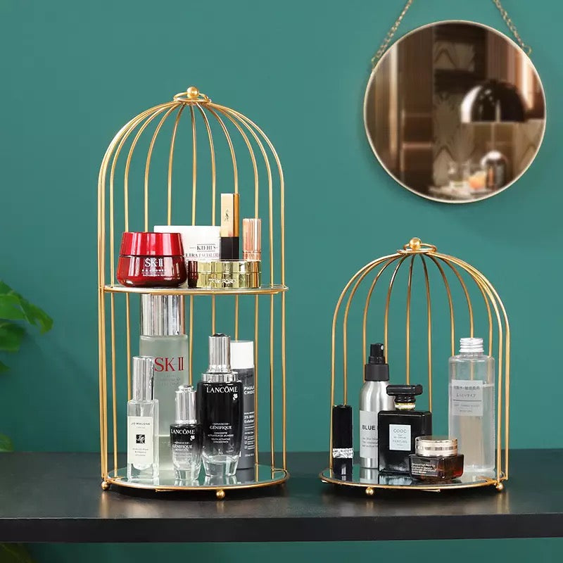 Bird Cage Makeup Organizer, Nordic Iron Cosmetic Storage Rack, 2 Tier Wire Storage Holder, Bathroom Bedroom Tabletop Makeup Organizer, Gold Birdcage Shape Dresser Tray