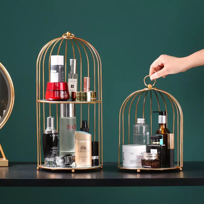 Bird Cage Makeup Organizer, Nordic Iron Cosmetic Storage Rack, 2 Tier Wire Storage Holder, Bathroom Bedroom Tabletop Makeup Organizer, Gold Birdcage Shape Dresser Tray