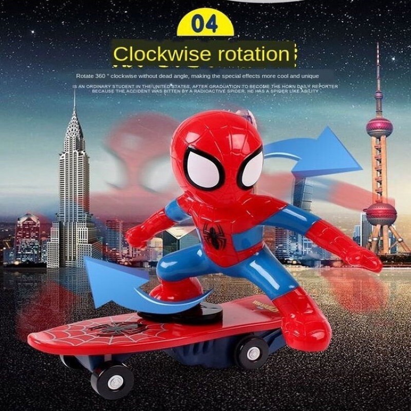 Spiderman 360 Degree Clockwise Rotation Skateboard, Cartoon Balance Bike Toy Remote Control With Sound Effects For Kids, Stunt Skateboard Scooter Electric Universal Rotating Toy