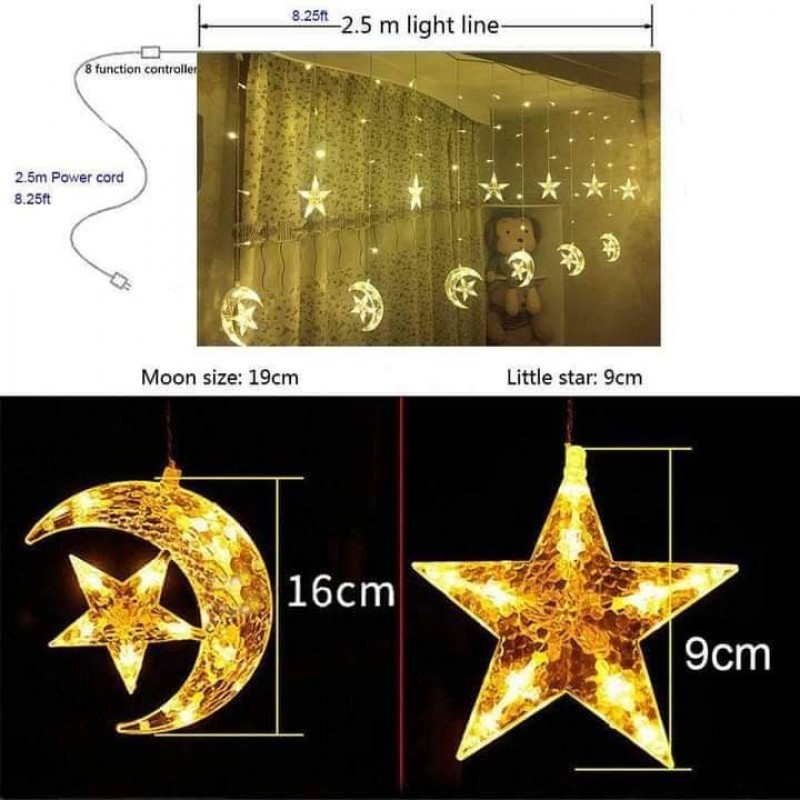 LED Star Moon Curtain Lights, Moon Star String Light with 8 Flashing Modes Decoration for Christmas, Wedding, Party, Home Decorations (Warm White)