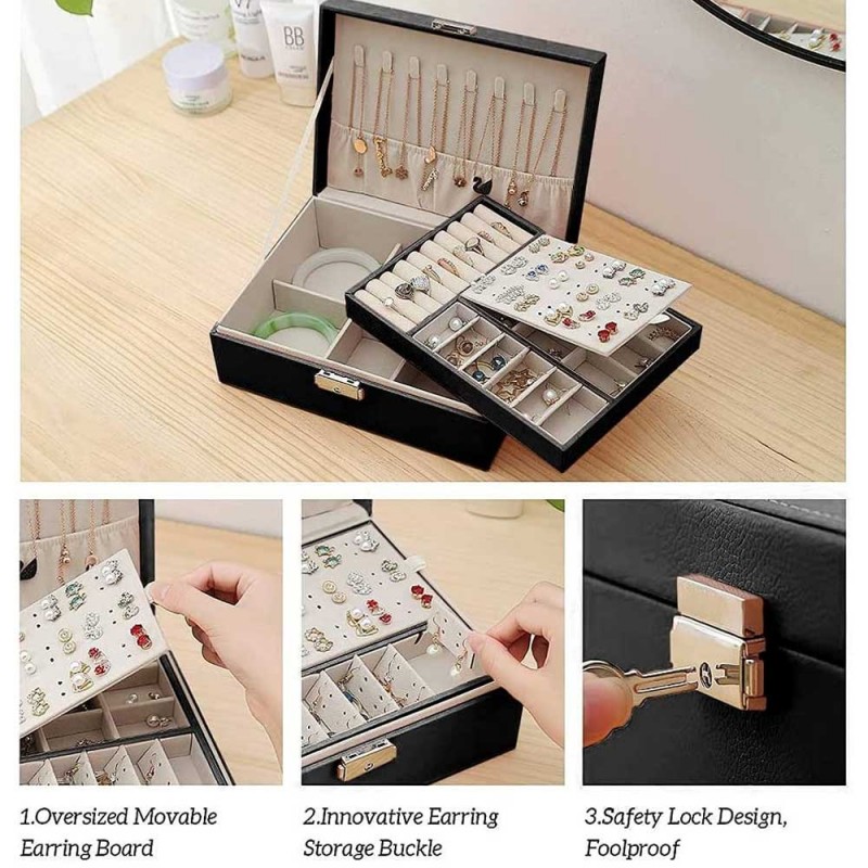2 Layer Leather Travel Jewelry Box Organizer Display Storage Case for Rings Earrings Necklace for Women Girls