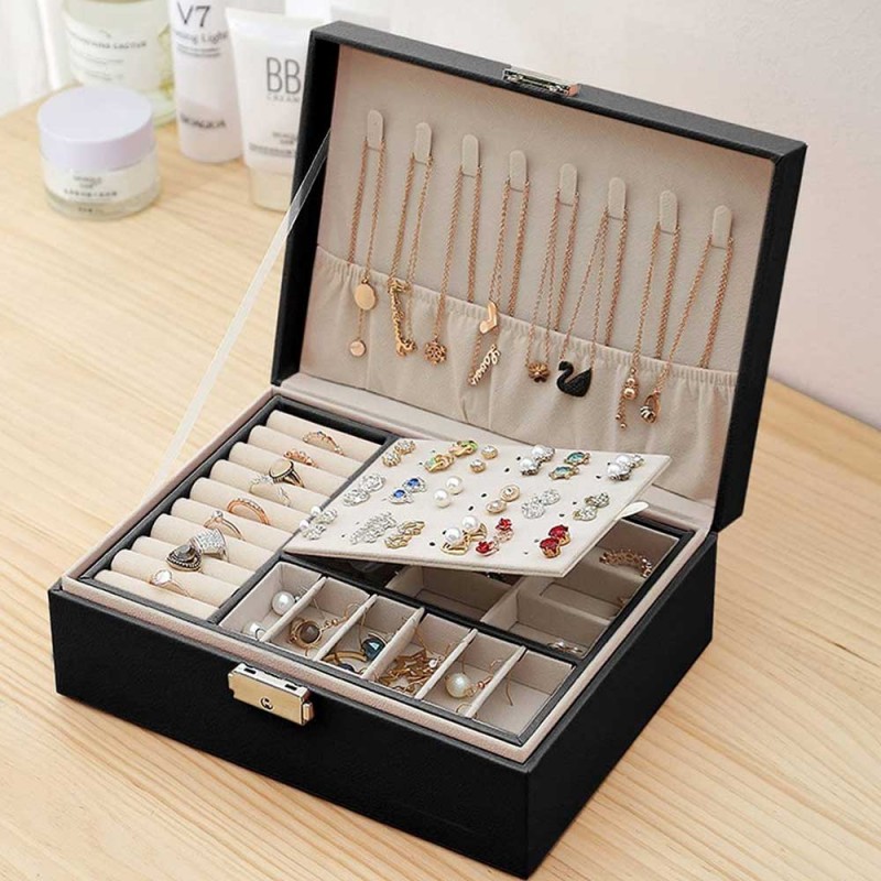 2 Layer Leather Travel Jewelry Box Organizer Display Storage Case for Rings Earrings Necklace for Women Girls