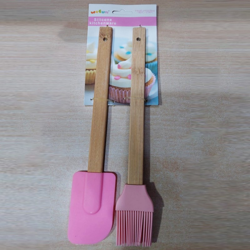 (Set of 2) Silicone Brush and Spatula with Wood Handle Set