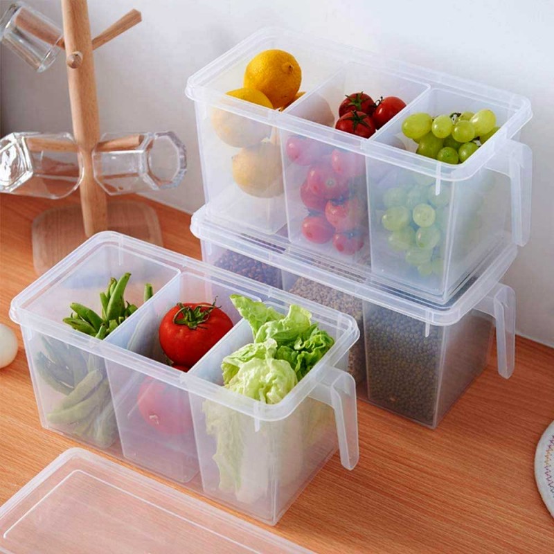 3 Section Transparent Plastic Food Storage Container Organizer