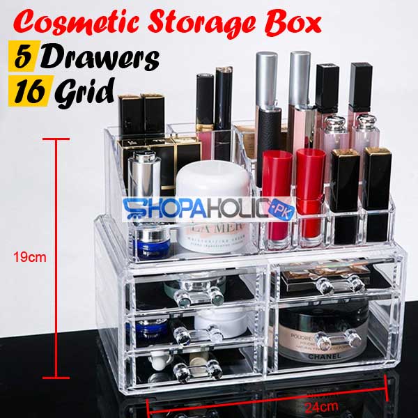 Acrylic Cosmetic Storage Box 5 Drawers with 16 Grid Organizer
