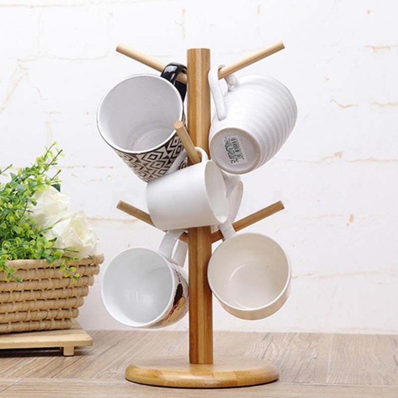 Imperial Six Cup Bamboo Rack Hanger Stand Mug Tree Coffee Cup Storage Stand Holder