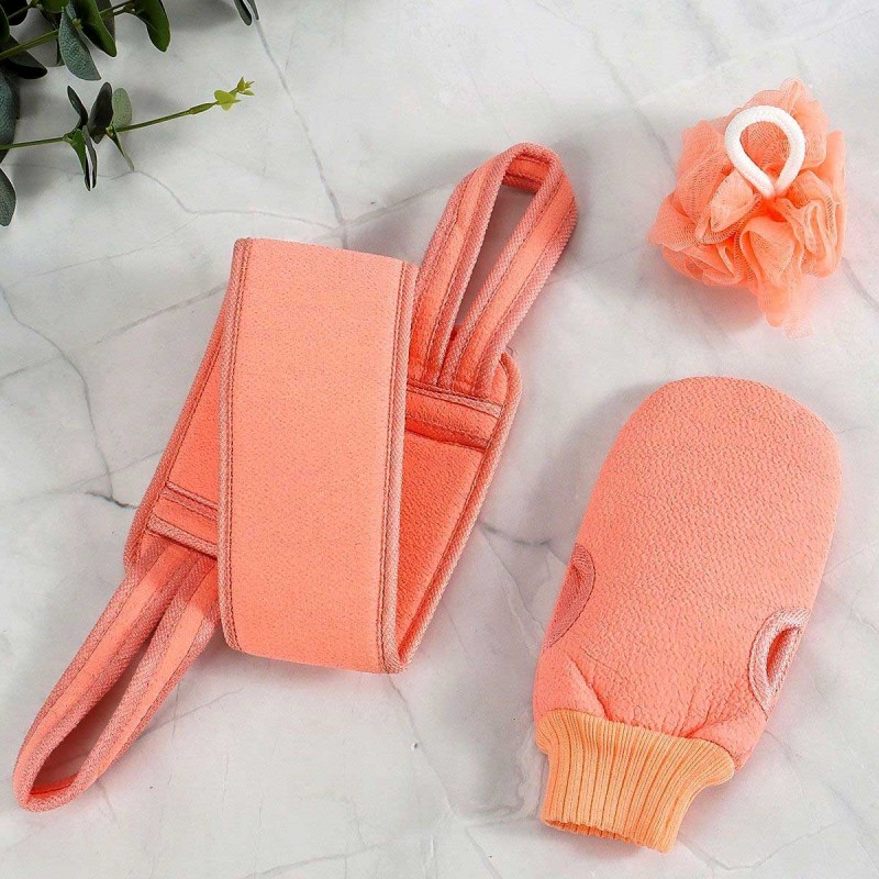 (Set of 3) Body Cleaning Back Scrubber, Bath Gloves and Loofah Set
