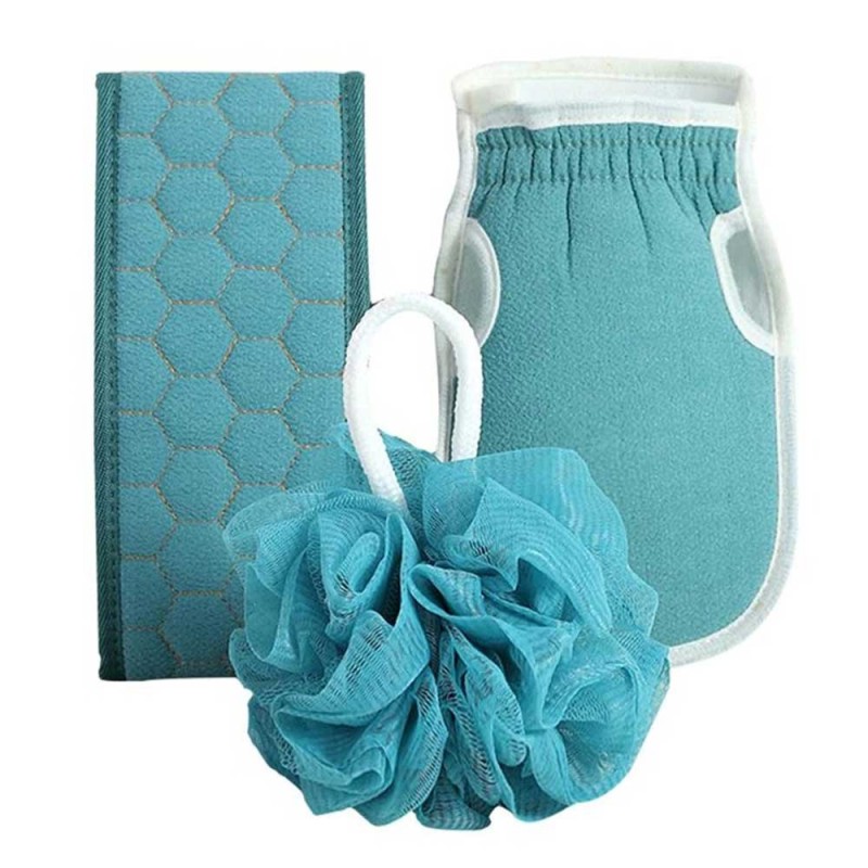 (Set of 3) Body Cleaning Back Scrubber, Bath Gloves and Loofah Set
