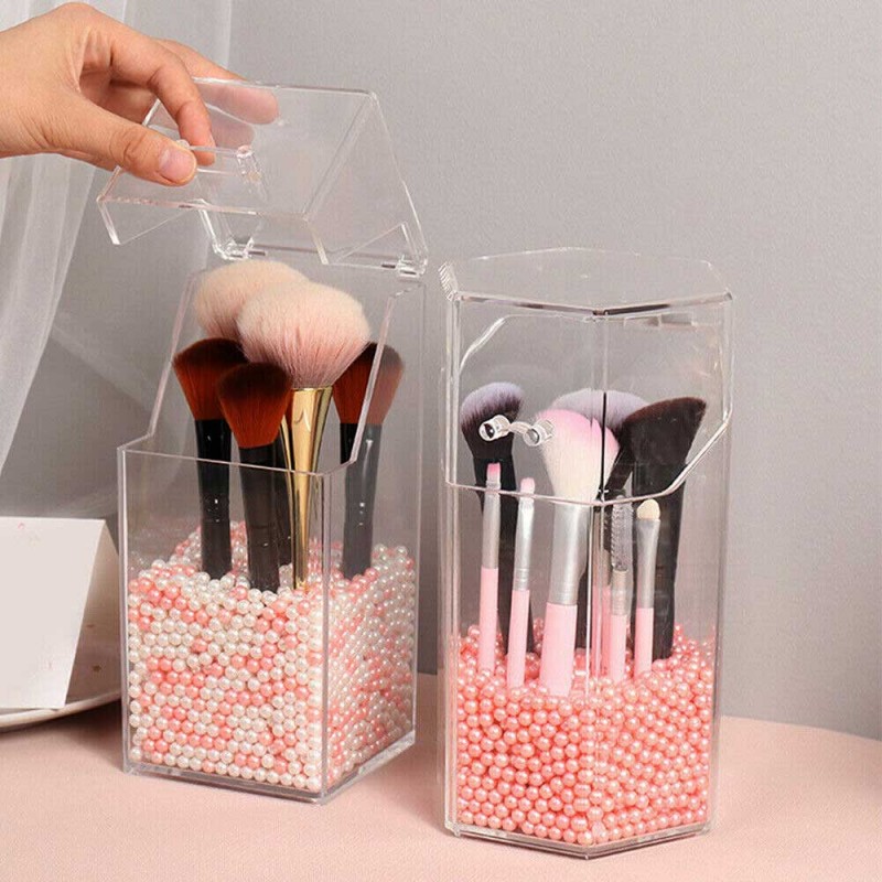 Clear Acrylic Makeup Brush Holder Dustproof Organizer Storage Case with Pearls