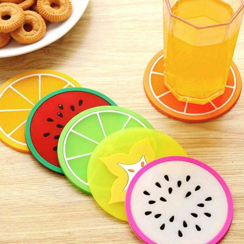 (Set of 4) Silicone Fruit Print Round Coasters - Random Colour and Design