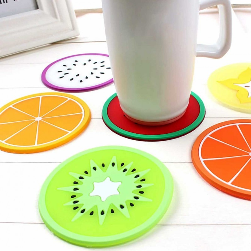 (Set of 4) Silicone Fruit Print Round Coasters - Random Colour and Design