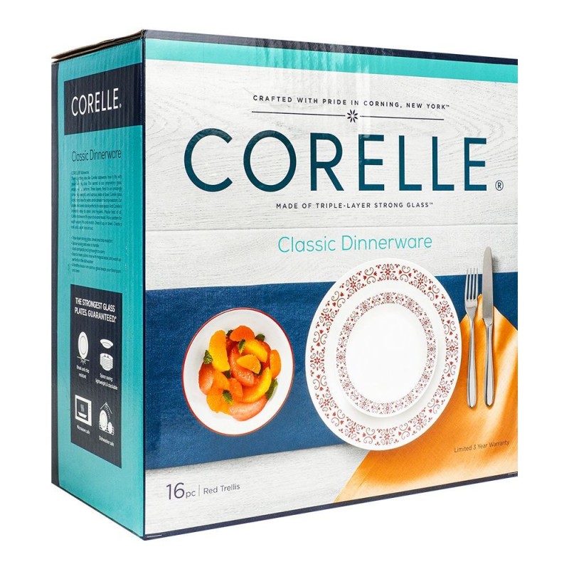 Corelle Classic Dinnerware Set, Red Trellis 16-Pack, 16S-RTL-PH