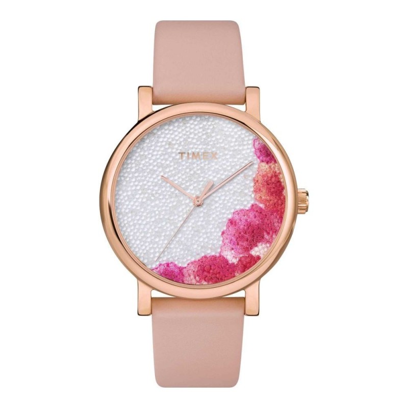 Timex Women's Rose Pink Floral Round Dial & Light Pink Plain Strap Analog Watch, TW2U18500