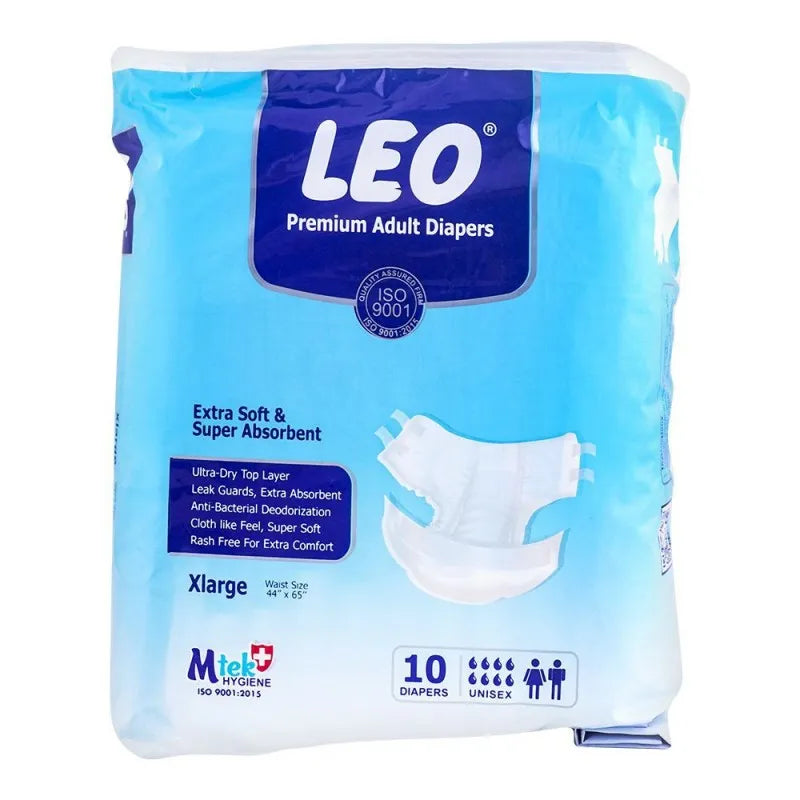 Leo Premium Adult Diapers XLarge, 44 x 65 Inches, 10Pack