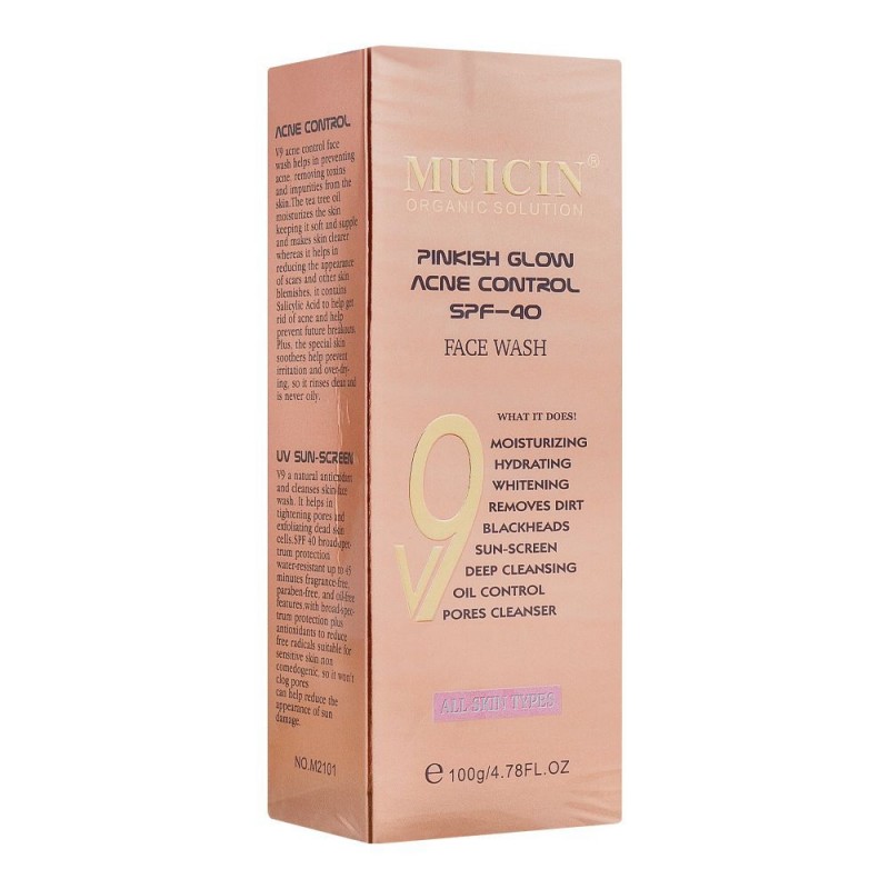 Muicin V9 Pinkish Glow Acne Control SPF-40 All Skin Type Face Wash, All Skin Types, 100g