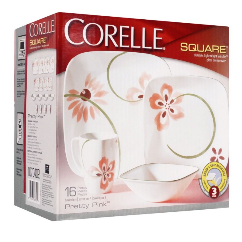 Corelle Square Dinner Set, Pretty Pink, 16 Piece, 1070402
