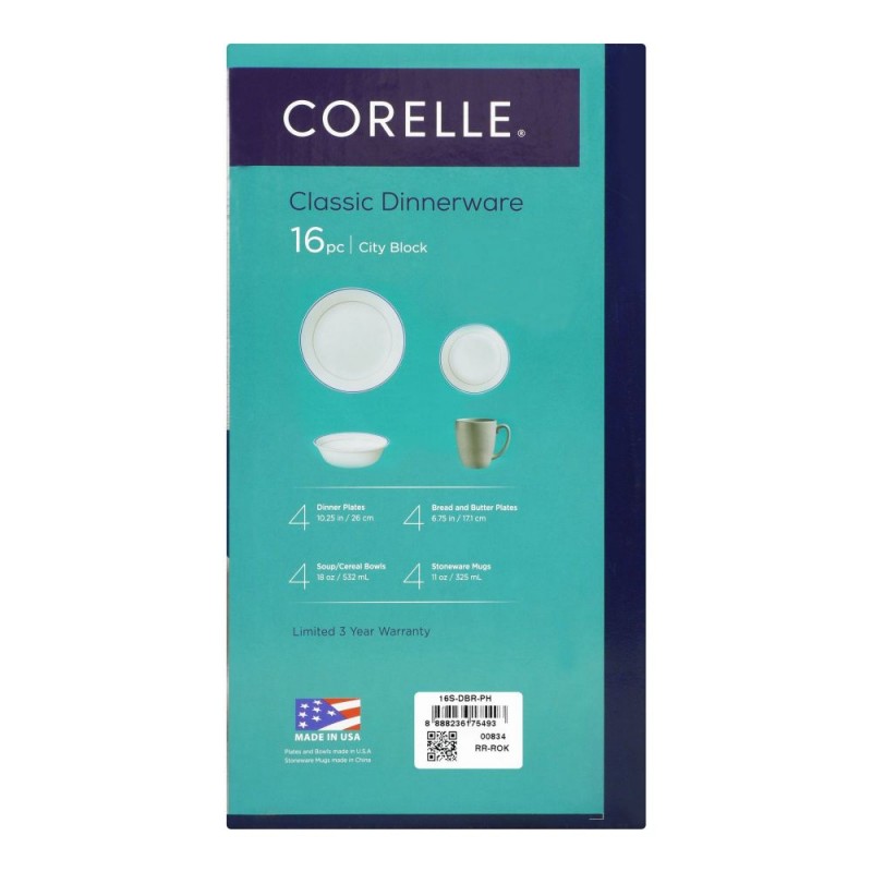 Corelle Classic Dinnerware Set, Double Ring 16-Pack, 16S-DBR-PH