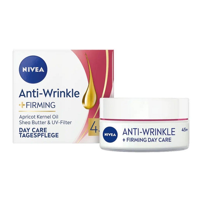 Nivea Anti-Wrinkle + Firming Apricot Kernel Oil Shea Butter & UV Filter 45+ Day Care Cream, 50ml