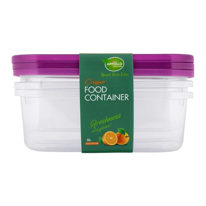 Appollo Crisper Food Container, 2.5L, 3-Pack, XL, 10x7.5x3.5 Inches, Purple