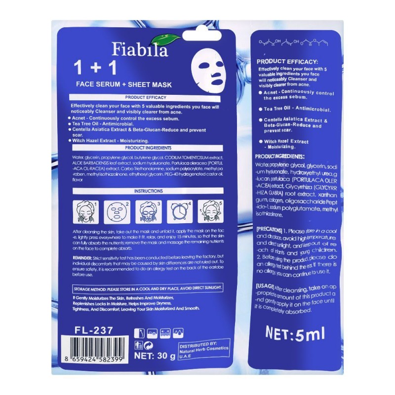 Fiabila Acne + Clear Face Serum + Sheet Mask, 30g